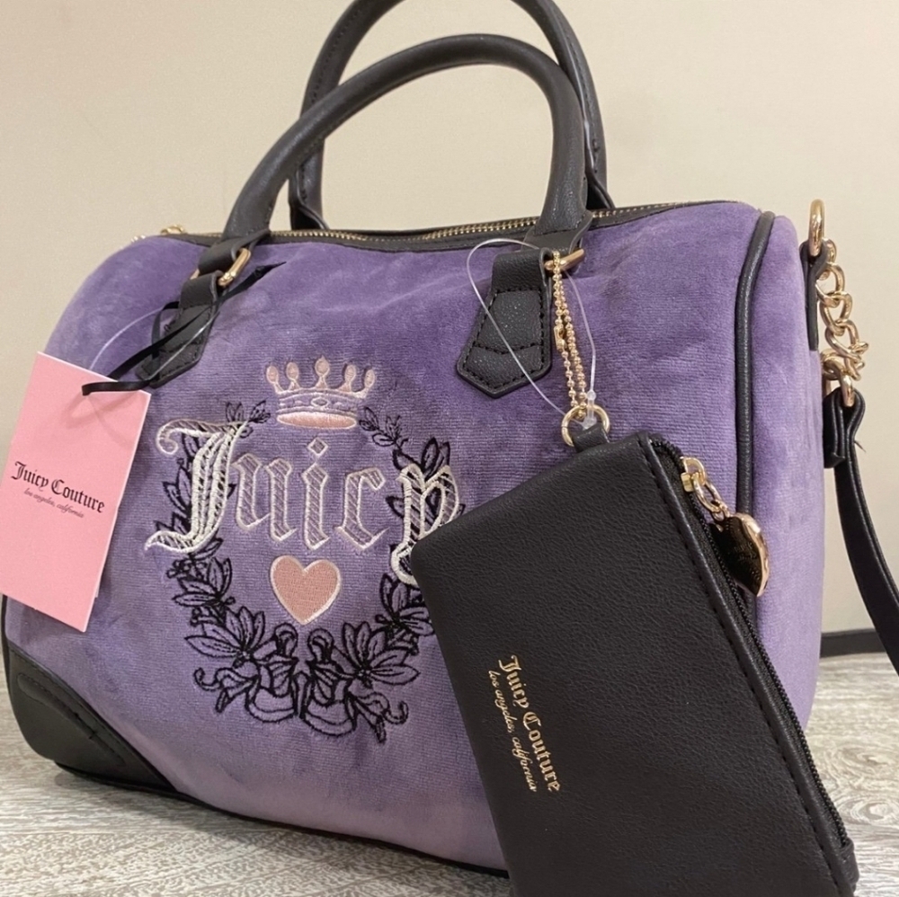 💜🔹️Juicy Couture 🔹️Heritage satchel Bag Velour Dusty Violet purple - Picture 7 of 11